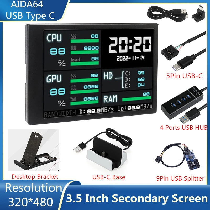 Usb Tipo-c Tela Secundária Ips Aida64 para Mini Computador Lcd Cpu Ram Monitor Gpu Sub-tela de Exibição 35