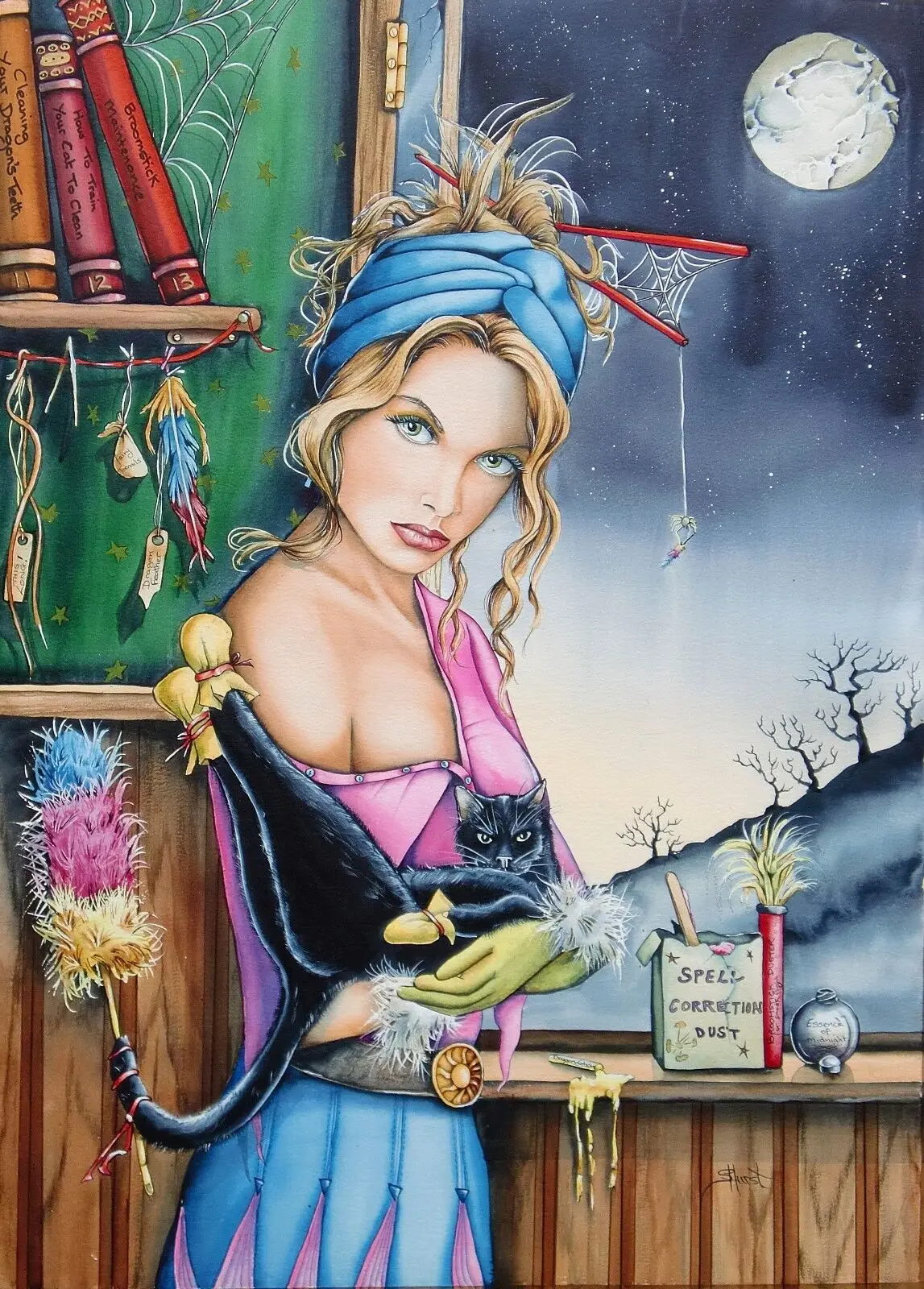 

SHARON HURST ORIGINAL “We Hates Housework" Fantasy Fairy witch pagan PAINTING