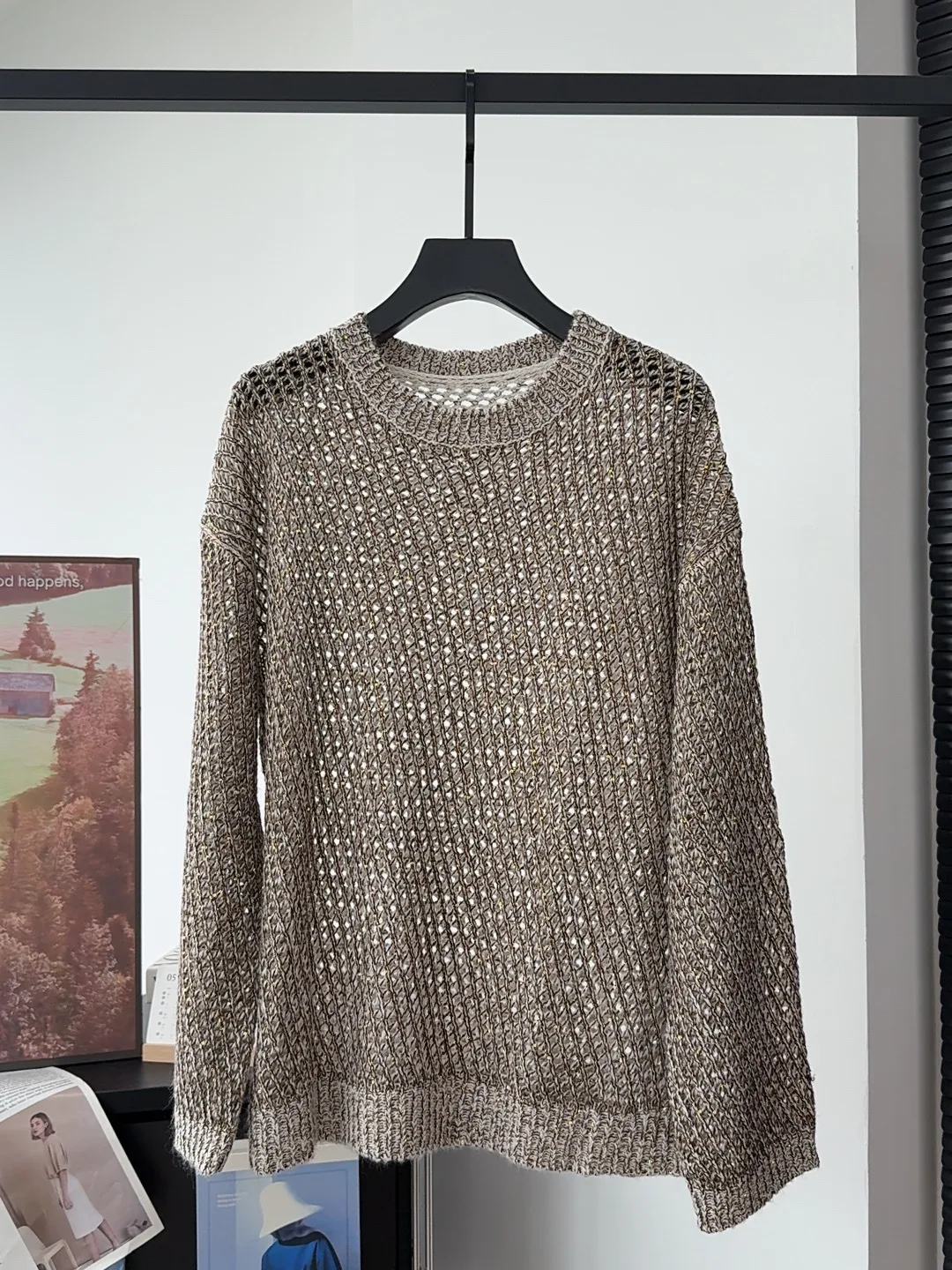 2026 Summer Women's Linen Blend Hollow Out Sequin Drop Shoulder Knit Top, Loose Casual Sun Protection Style