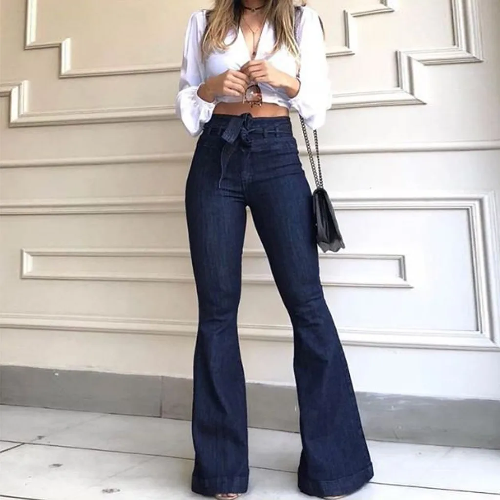 

Denim Fashion Ladies High Waisted Lacing Stretch Wide Leg Jeans Bell-Bottom Pants Causal Cargo Pants Female Clothing Pantalones