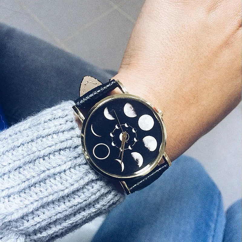 Moon Phase Astronomy Space Watch Fashion Women Quartz Watches Casual Leather Wrist Watch  Feminino