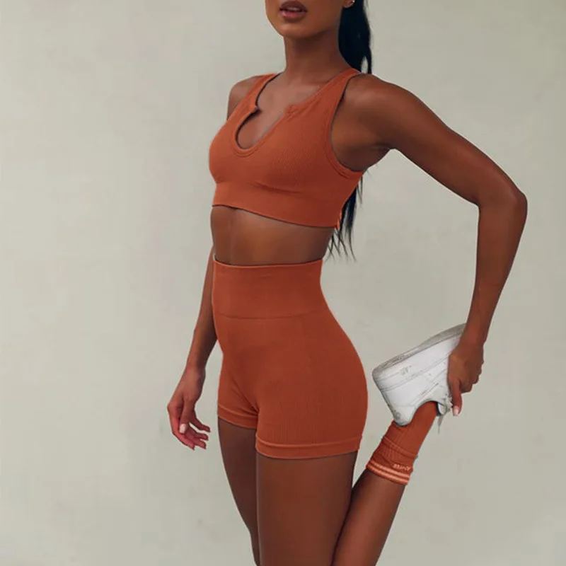 Knitted sexy women's sports short sleeved shorts fitness suit seamless yoga suit set
