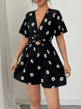 Women's Floral Print Romper, Casual Short Sleeve Romper for Summer, Fashion Women's Clothing for Daily Wear 1