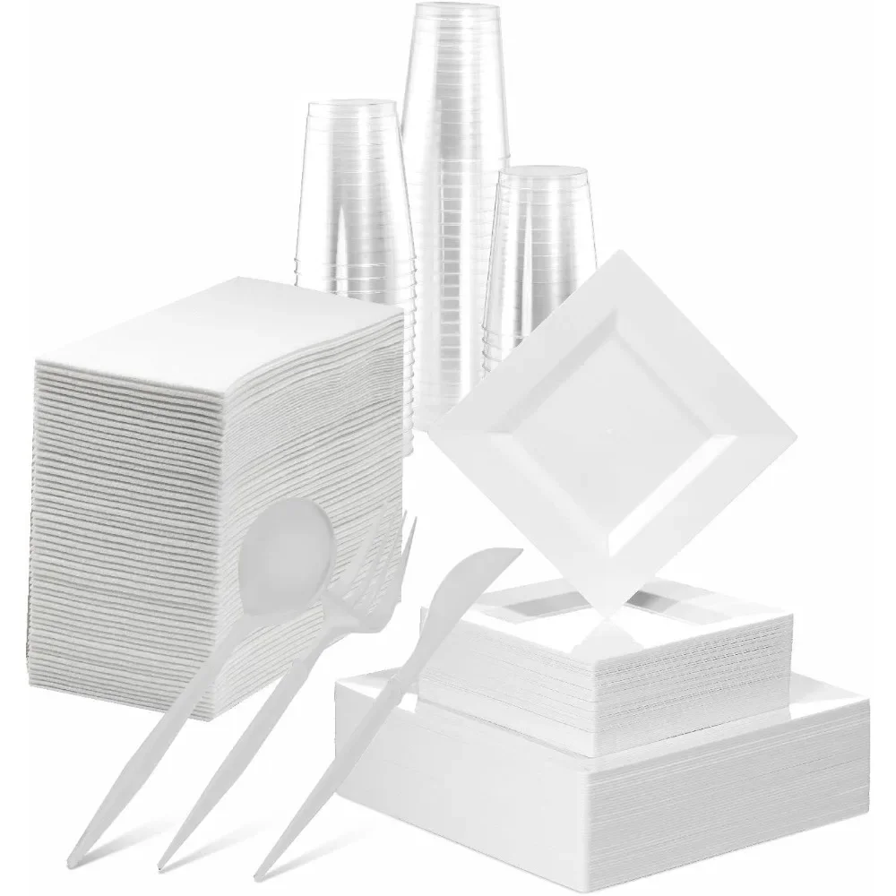 Gold Disposable Plates Set For 50 Guest-350 Piece White Plastic Dinnerware Set-100 White Square Plastic Plates