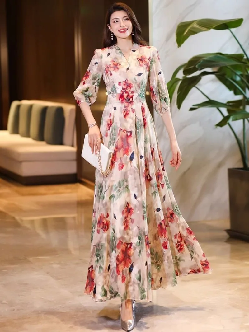 

2024 Fashion Women's Dress A-Line V-Neck Zipper Floral Hemline Long Dress for Vacation