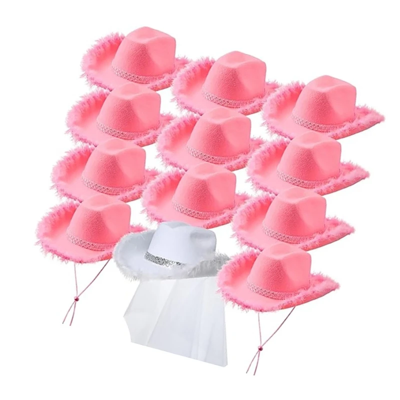 Bachelorettes Party Hat Set for Bridal Shower Women Cowgirl Hat Wedding Accessories Furry Brim Nightclub Headwear cowgirl hats