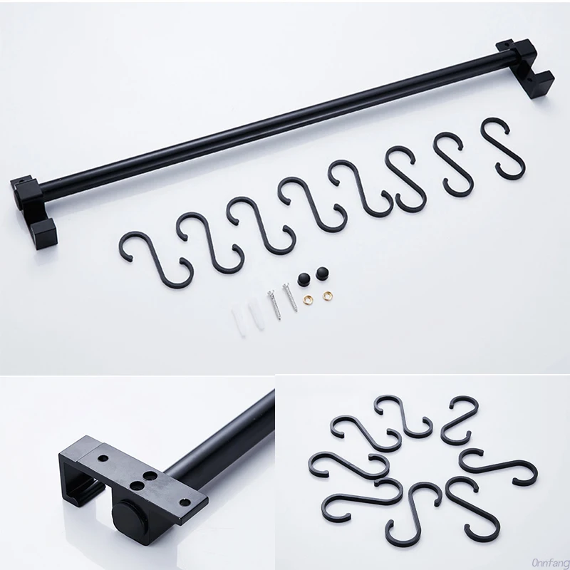 Matt Black Kitchen Hook Rack Pantry Bar Kitchen Shelf American Style Space Aluminum Frame Kitchenware Utensil Tool Storage Rack kitchen storage rack kitchen organizer kitchen organizer rack wall mounted hook rack