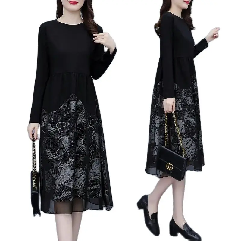 

Spring Autumn Dress Women 2022 New Mesh Splicing Long Sleeves Dress Loose Age Reduction Fashion Noble A Word Dress Mother's