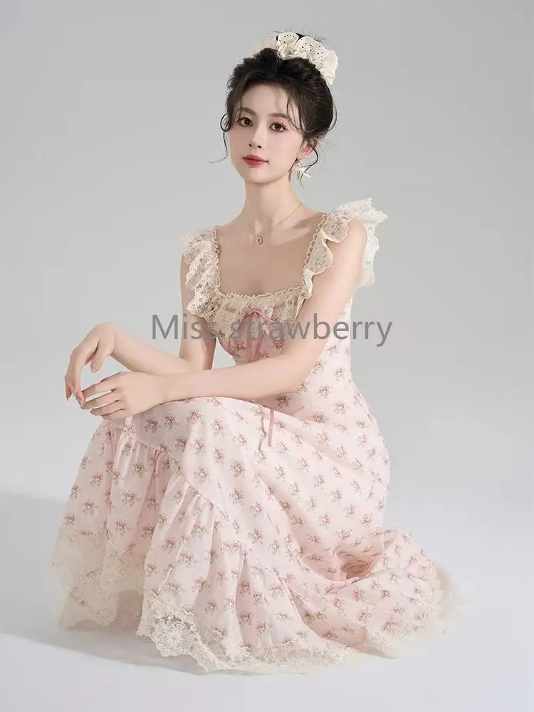 France Sweet Warm Patchwork Print Dress Women Vintage Fashion Elegant Lace  Sling Dresses Female Pretty Fairy Thin New Clothing - AliExpress 200000345