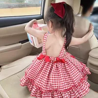 Robe Lolita pour filles, style été, robe de princesse élégante à carreaux pour enfants, robe d'été dos nu à bretelles pour bébé fille 2
