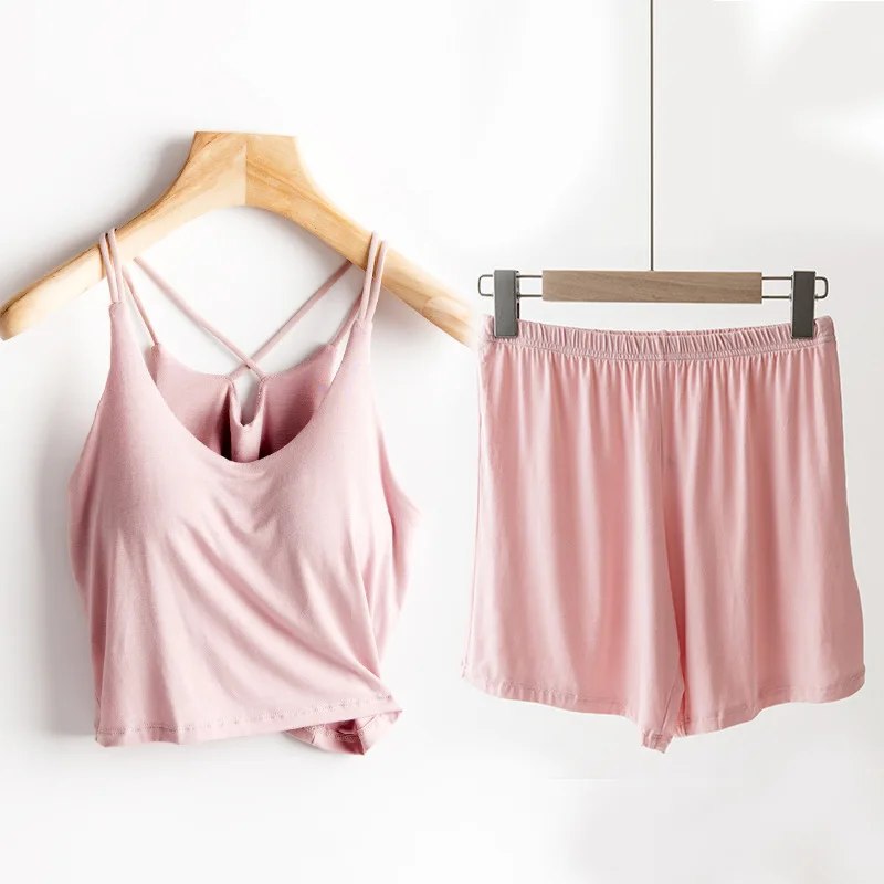 Sexy Bra Sling T-Shirt Shorts Set New Modal Comfortable Nightwear Chest Pad Pajamas For Women Conjuntos De Pijama Home Suit