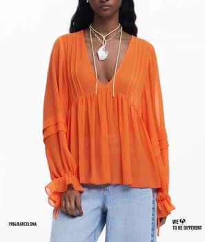 Spanish original casual women's shirt loose V-neck long sleeved lightweight pleated designer top
