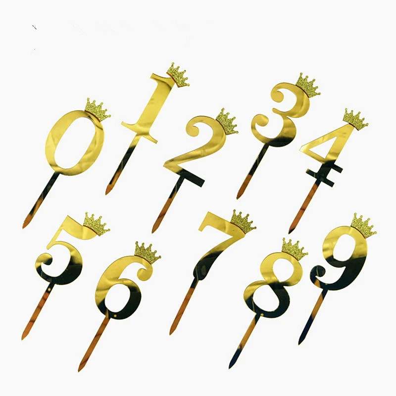 0-9 Kronen-Zahlen Happy Birthday Tortendekoration Gold Acryl Hochzeit Party Cupcake Topper für Babyparty Geschenk Dessert Dekoration