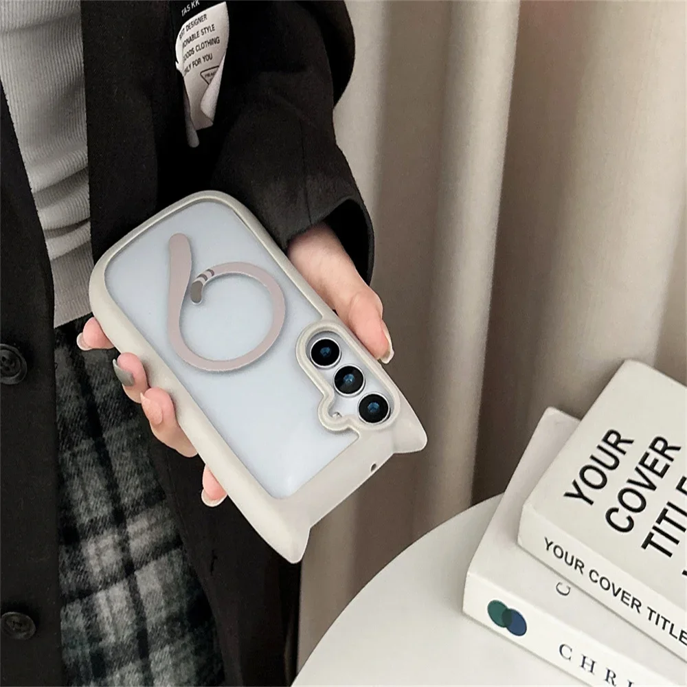 Chic Magnetic Cat Ear Transparent Phone Case with Wireless Charging Compatibility