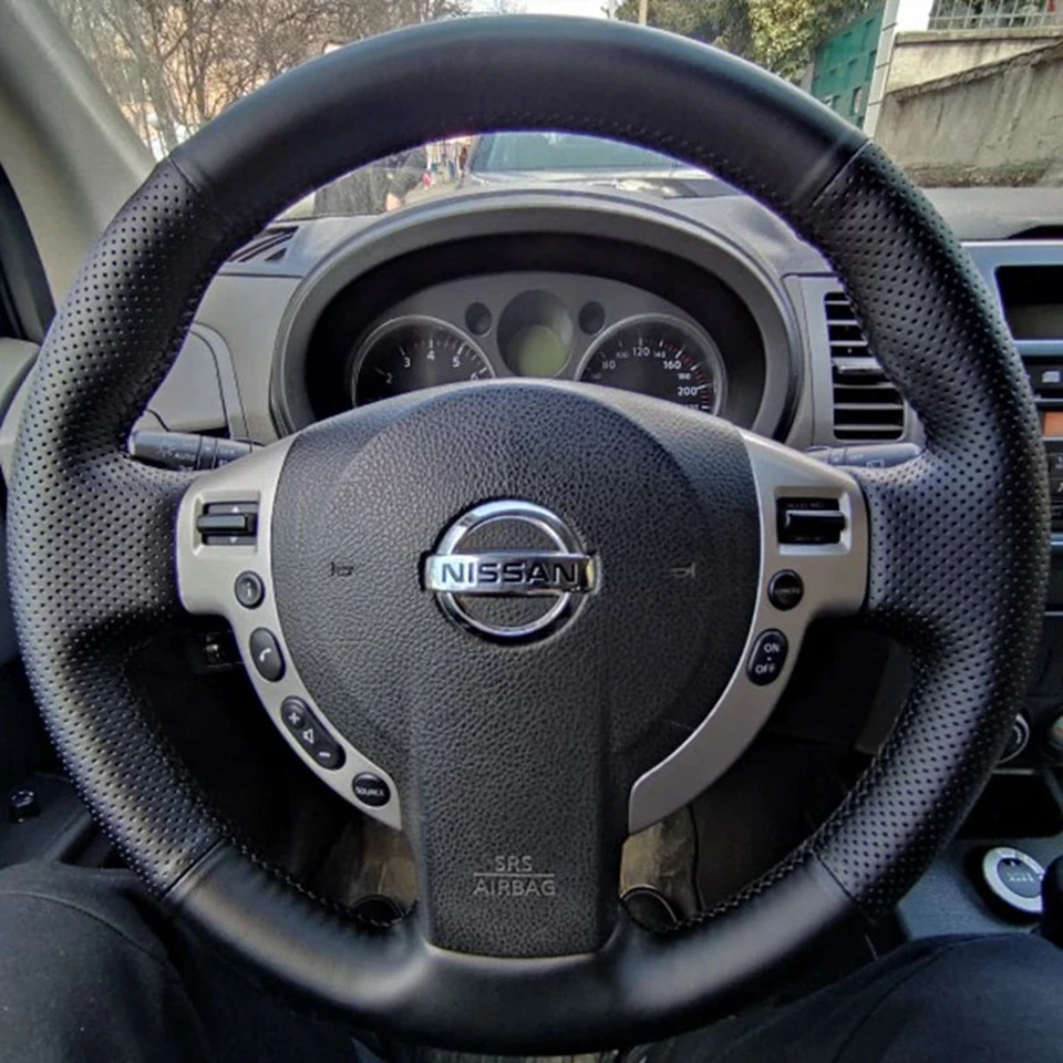Auto-Lenkradbezug, Handstich, schwarzes Mikrofaser-Leder, für Nissan Qashqai J10 X-TRAIL NV200, Auto-Styling 2009–2012 – Detail 2