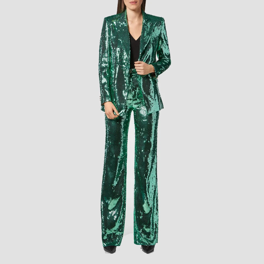Mesh Heavy Embroidery Sequined Blazer Trousers Suit Two Piece Set