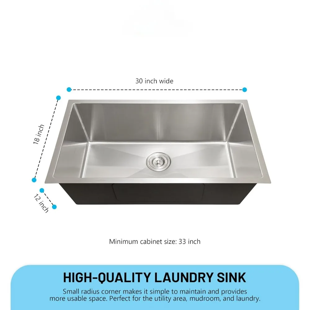 30 Inch Deep Rust and Utility Sink, 18 Gauge Undermount Single Bowl Design with Stainless Steel Sink Strainer, Kitchen Sinks