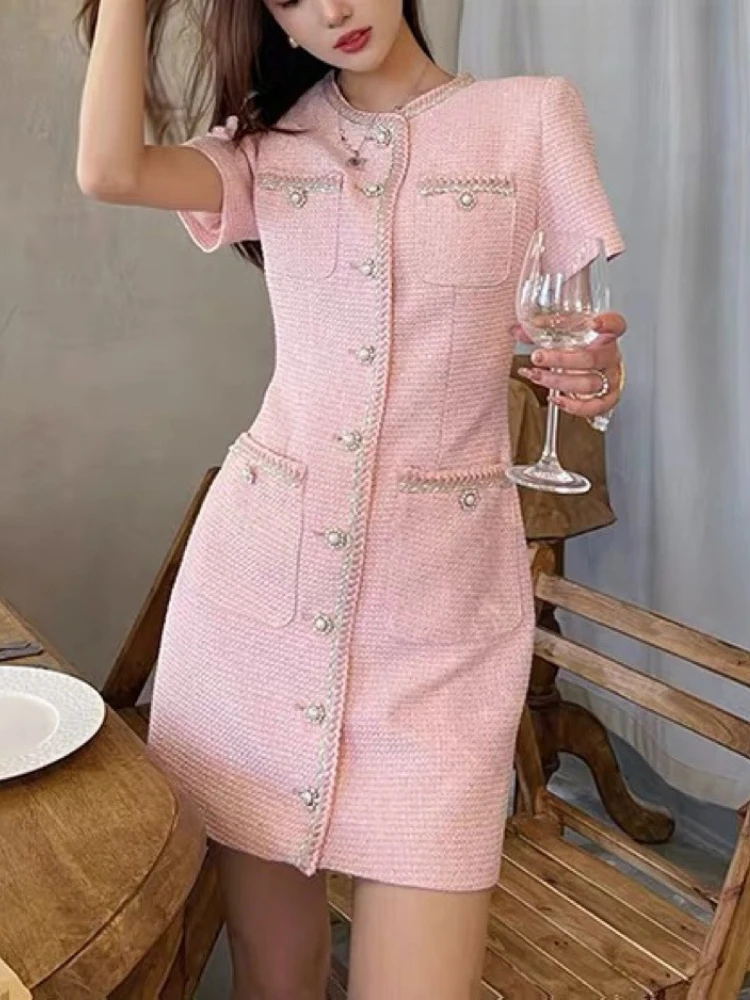 

French Vintage Pink Dress Women's Autumn New High Quality Weaving Tweed Slim-Fit Elegant Party Commuter Skirt Frock