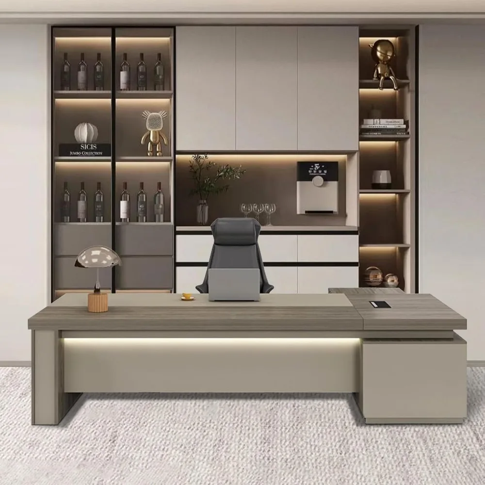 Modern Wood L-Shape Executive Desk with Storage, Home Office Desk with Wood Sled Base, LED and Cable Management 4