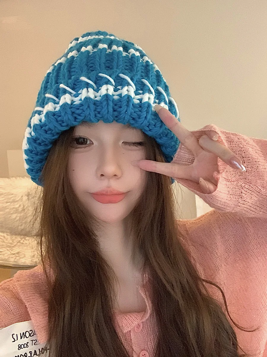 Gebreide beanie muts dames gestreept dik winter warm retro stijl_voghion.com