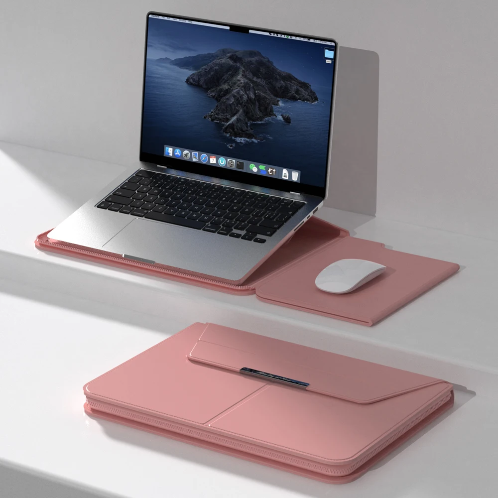 Premium PU Leather Laptop Sleeve Case with Built-In Stand