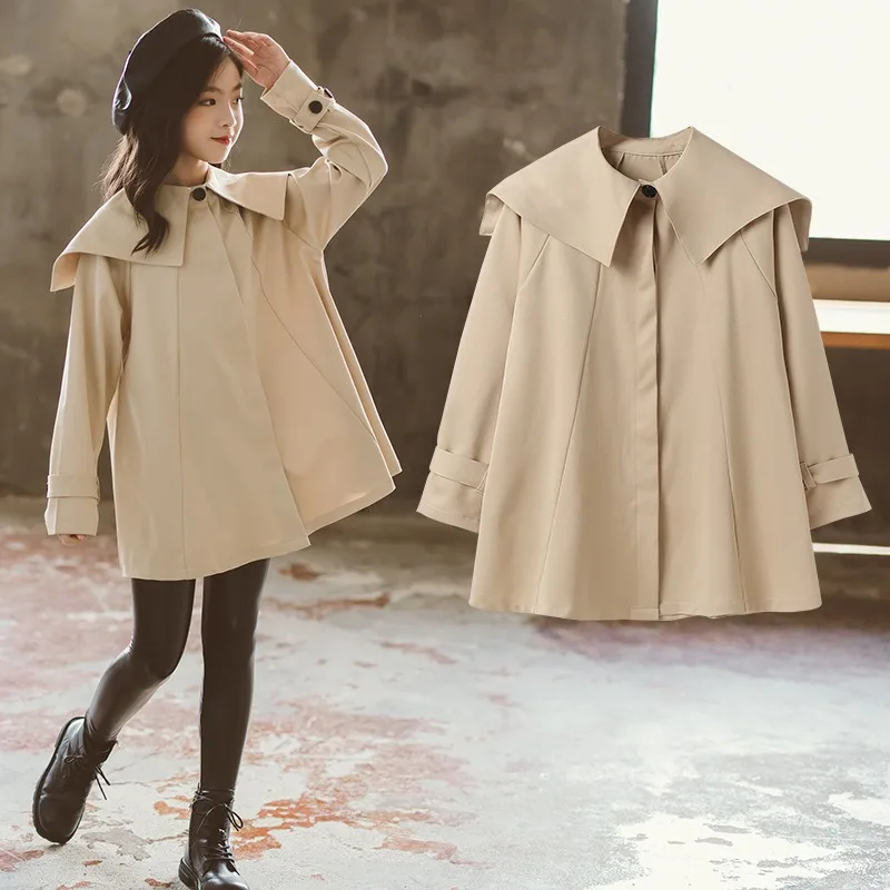 

Little Girls Single Breasted Trench Coat Dress Outerwear Fashion Windbreaker Jacket Spring Autumn Children Clothing 5-16 Years