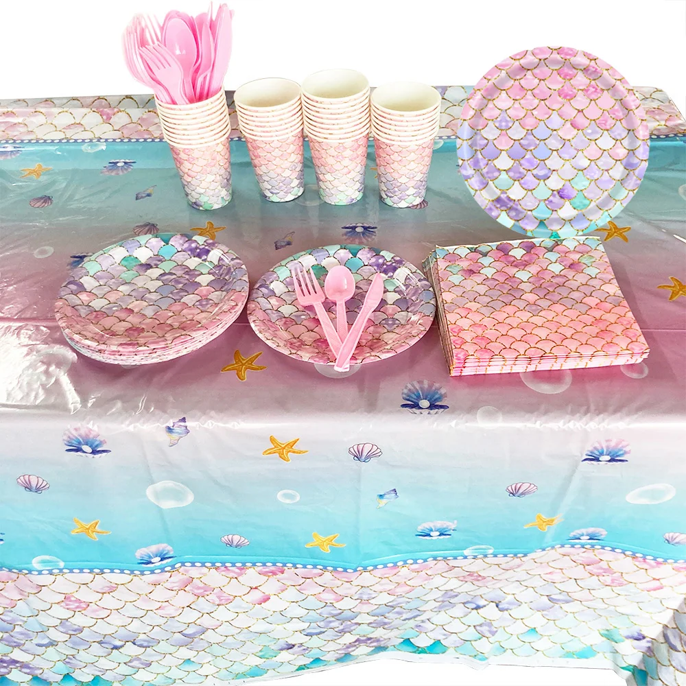 

Mermaid Party Supplies Ocean Disposable Dinnerware Girl Mermaid Theme Birthday Baby Shower Serve Paper Plates Napkins Tablecloth