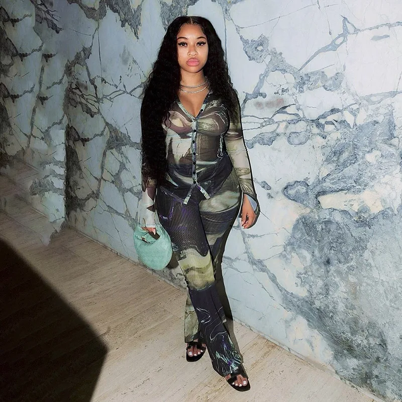 Women Mesh Print Ruched Slim 2 Piece Set Spring 2024 Lapel Single Breasted Crop Top Fashion Pants Casual Streetwear Y2k Outfits
