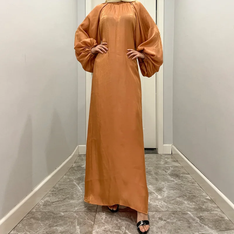 Muslim Abayat Large Lantern Sleeve Bright Silk Long Dress with Back Tie Robe Femme Musulman Solid Women's Dress Dubai Morocco