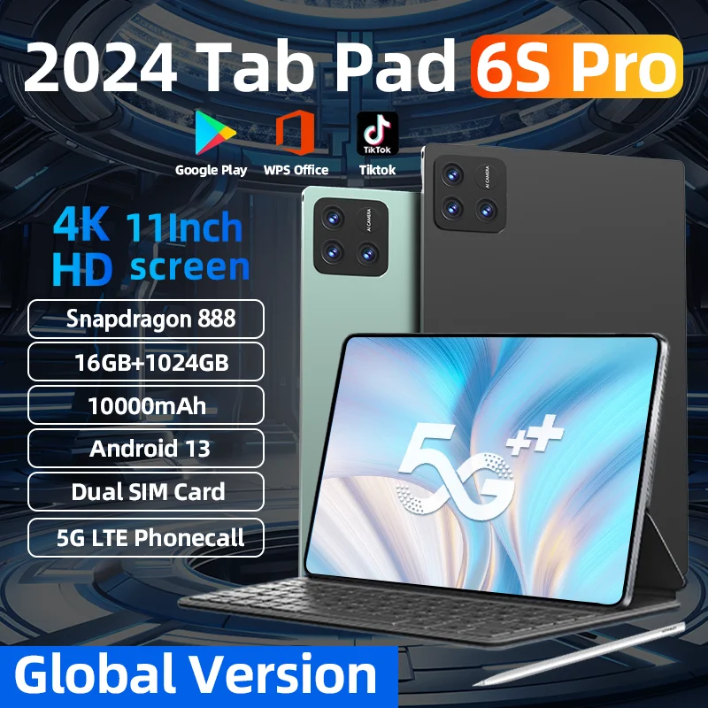 글로벌 버전 오리지널 패드 6S 프로 HD 4K 안드로이드 13.0, 스냅드래곤 888, 11 인치, 16GB + 1TB, 10000mAh 태블릿 PC, 5G 듀얼 SIM, 와이파이, 미 탭