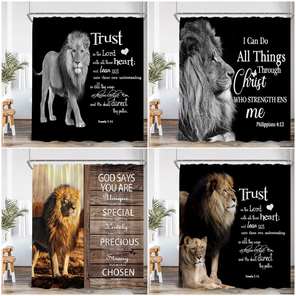 

Lion Black Shower Curtain Wild Animals Motivational Quote Dark Bathroom Decorations Polyester Fabric Bath Curtains for Home