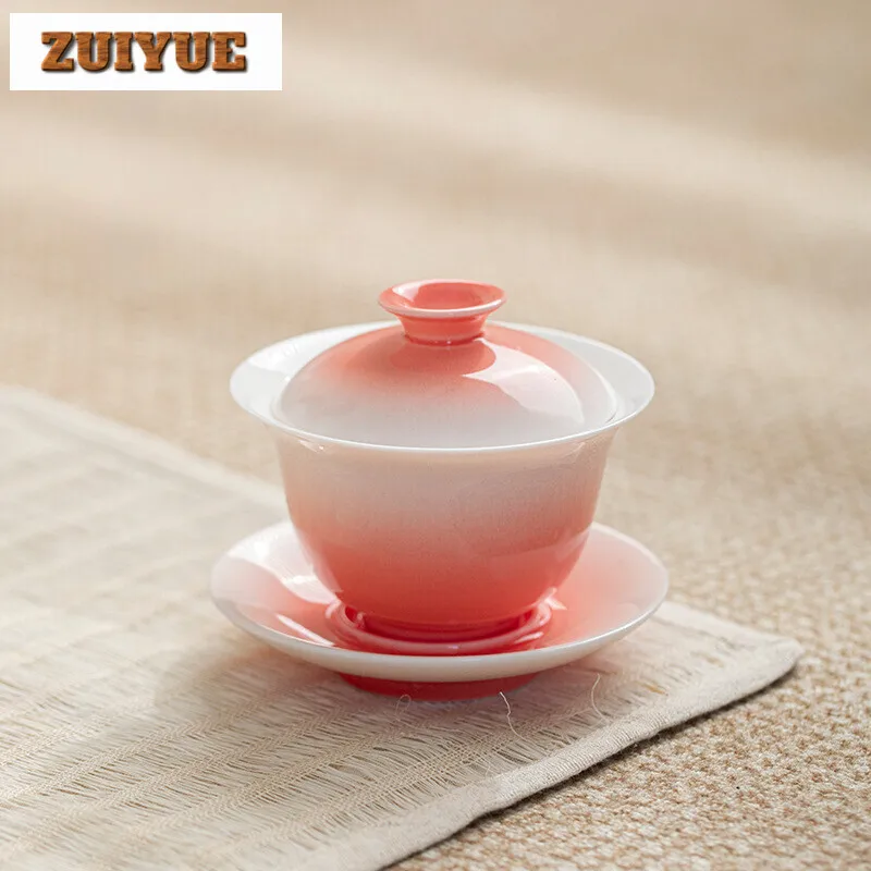 140ml Gradient Watermelon Red Gaiwan Household Sancai Tea Tureen Ancient Tea Maker Cover Bowl Teaset Accessories Decoration Gift
