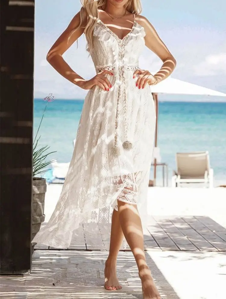 

Crystal Elegant Lace Woman Clothes Vestidos Y2k Beach Midi Dress Summer Sleeveless Backless Female Casual Sexy Dresses