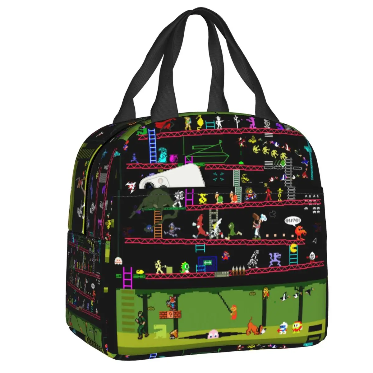 

Arcade Game Collage Lunch Box Waterproof Donkey Kong Thermal Cooler Food Insulated Lunch Bag for Women Kids Tote Bags