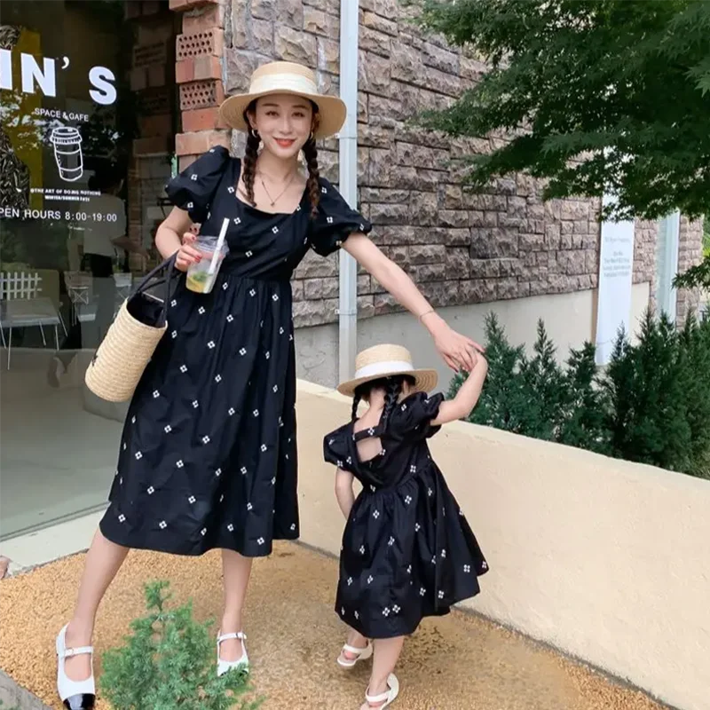 Mother and Daughter Dress Family Matching Suit Strapless Floral Dress Summer Girl Lady Polka Dot Loose Dress Skirt Clothes