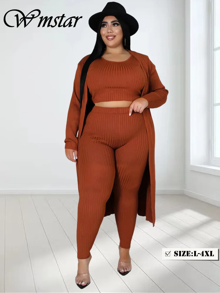 

Wmstar Plus Size 3 Piece Outfits Tracksuit Women Ribbing Coat Vsest Pants Sets Long Sleeve Fall Fashion Wholesale Dropshipping