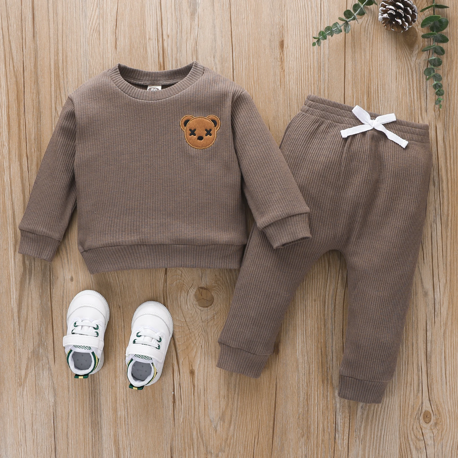 -06-02 Lioraitiin 0-4Years Little Toddler Boy Round Neck Long Sleeve Embroidered Bear Patch Tops Elastic Waist Long Pant