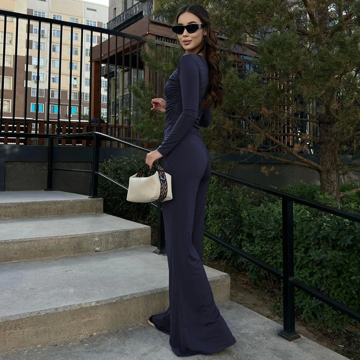 Fashion Autumn 2 Piece-Set Female Flared Pants Streetwear Slim Pleated Long Sleeve Casual Outfits Women's Pants Sets
