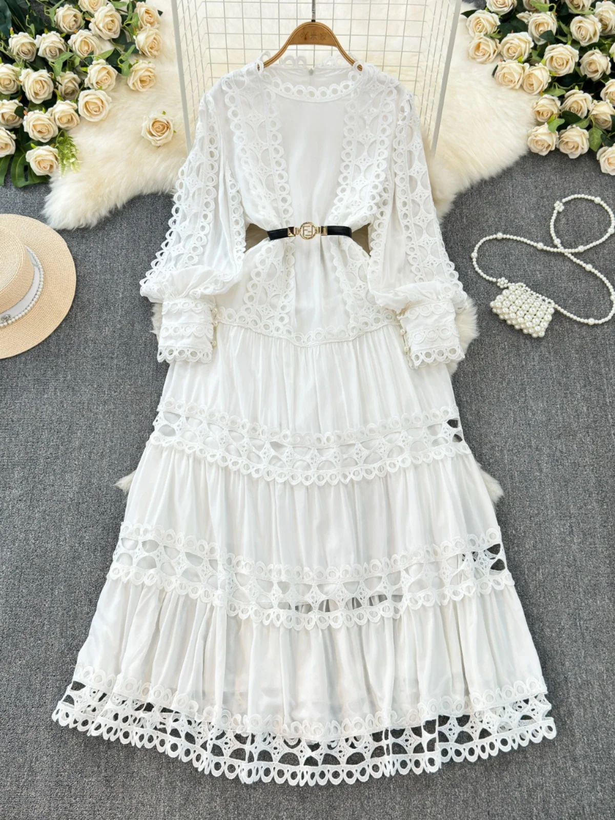 Court Style Elegant Dresses for Women Crochet Lace Hollow Out O-neck  Lantern Sleeve Female Vestidos A-line Belted Dress Dropship - AliExpress  200000345