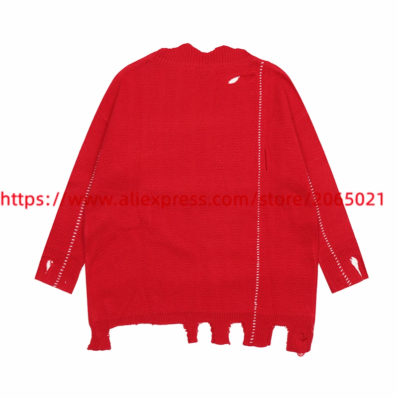 RAF SIMONS Vintage Badge Damaged Irregular Loose Red Sweater Knit Men Women Top Quality Casual Sweatshirts