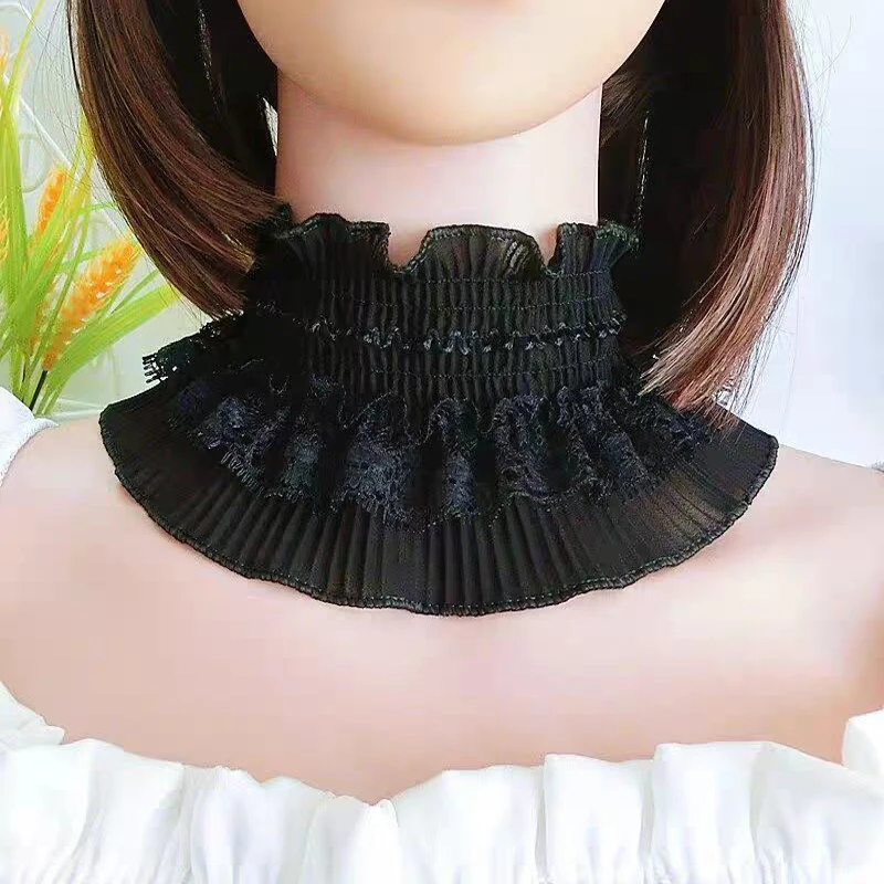Weiß Schwarz Rüschen Elastische Spitze Gefälschte Kragen Schal Stehkragen Kragen Pullover Elegante Hals Abdeckung Falschen Kragen Kleidung Zubehör – Detail 12