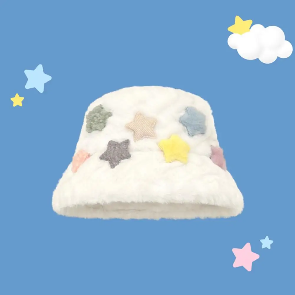 

Plush Fisherman Hat Plush Wide-brimmed Hat Unisex Furry Bucket Hat with Star Pattern Bowknot Decor Warm Plush for Autumn