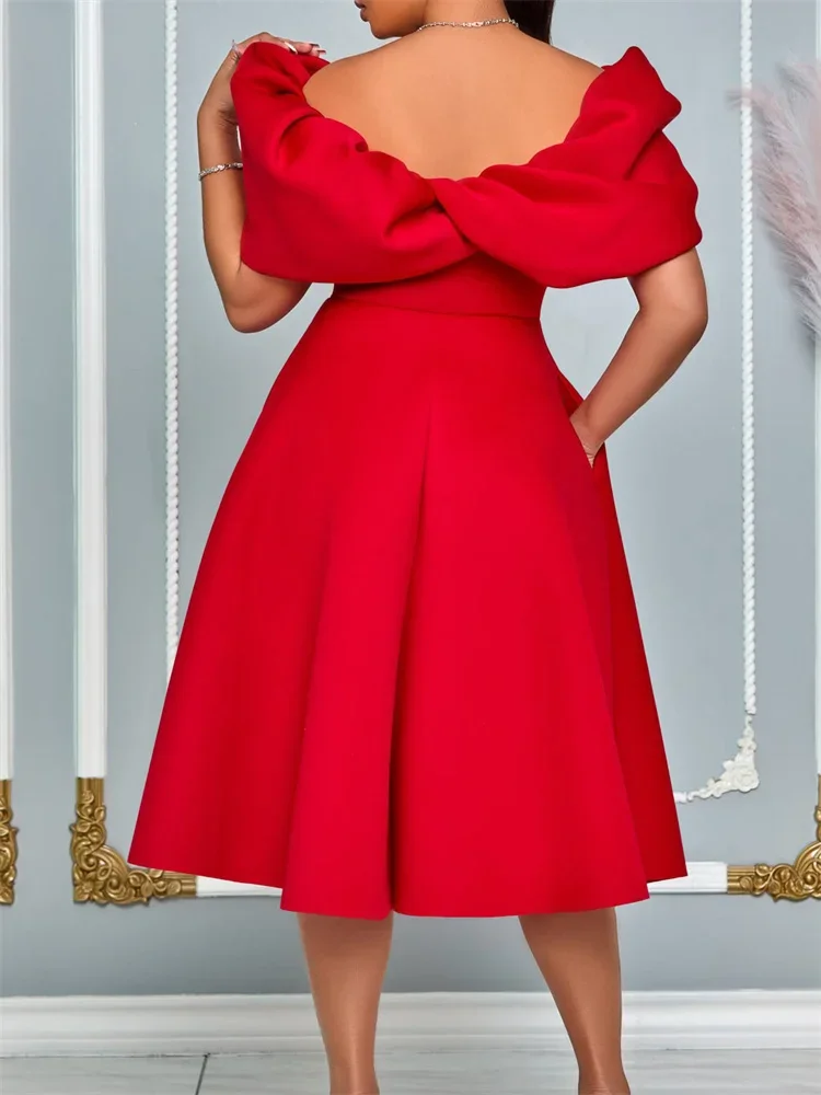 Wmstar Women Dress Summer Fashion Solid Color Sexy Short Sleeve O Neck Gown Formal Knee Length Ladies Evening Banquet Dresses