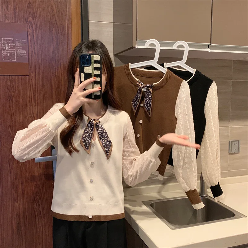 여성용 O-넥 가디건, 용수철 레이스 패치워크 스카프 장식, 싱글 브레스티드 긴팔 아우터, 우아한 오피스 레이디 패션