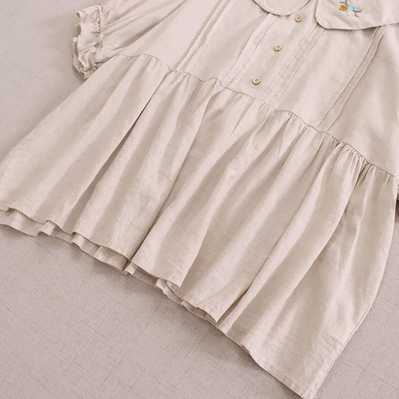 Summer Mori Girl Sweet Floral Embroidered White Shirt Women Kawaii Peter Pan Collar Short Sleeve Casual Loose Blouse Blusas Tops