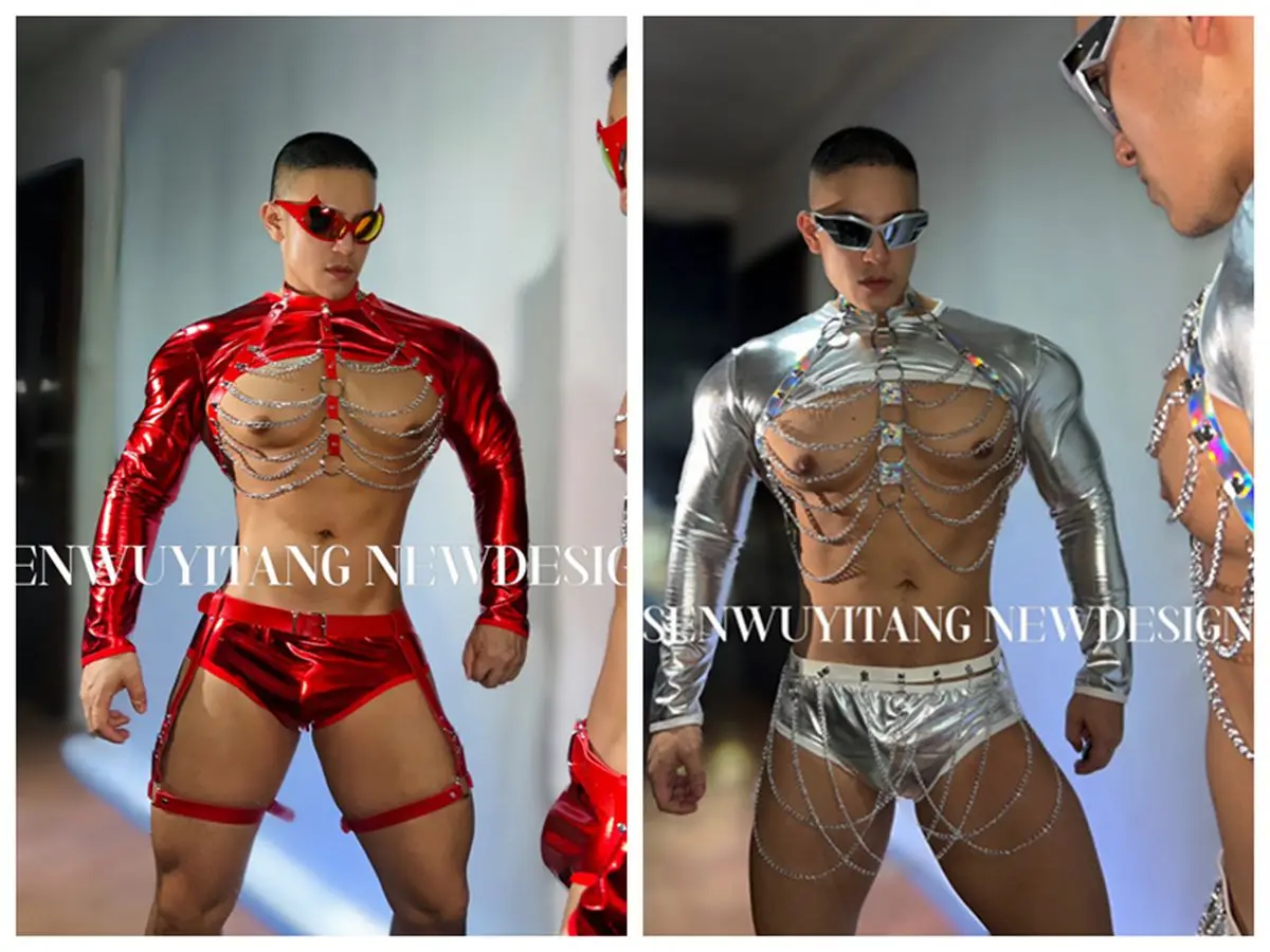 

Fantasy Red Silver Tops Shorts Chain Set Sexy Bar Nightclub DS Performance Outfits Men's Gogo Leading Dance Singer Stage Wear