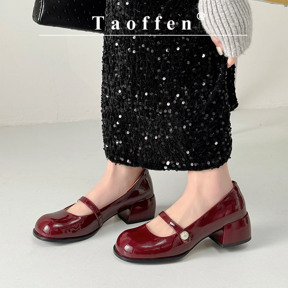 

Женские однотонные туфли-лодочки Taoffen, классические туфли из натуральной кожи с круглым носком и ремешком, туфли-лодочки на среднем каблуке, 2024