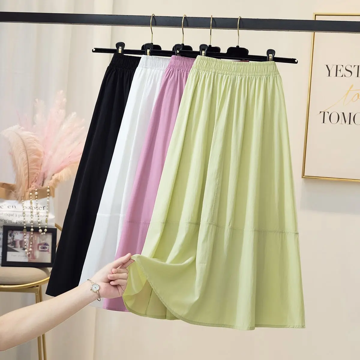 

2024 Women Spring Autumn Fashion Korean High Waist A-line Skirts Female Thin Solid Color Skirts Ladies Long Loose Skirts O677
