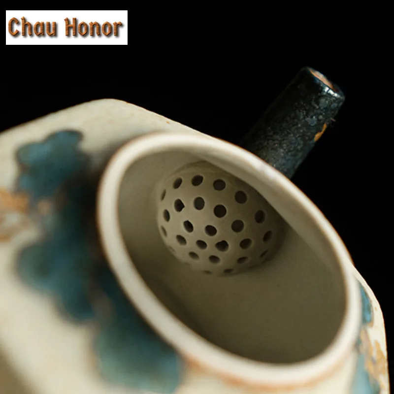 125ML Blue And White Flint Red Teapot Vintage Gold Drawing Auspicious Cloud Octagon Pot Tea Making Kettle Tea Ceremony Ornaments