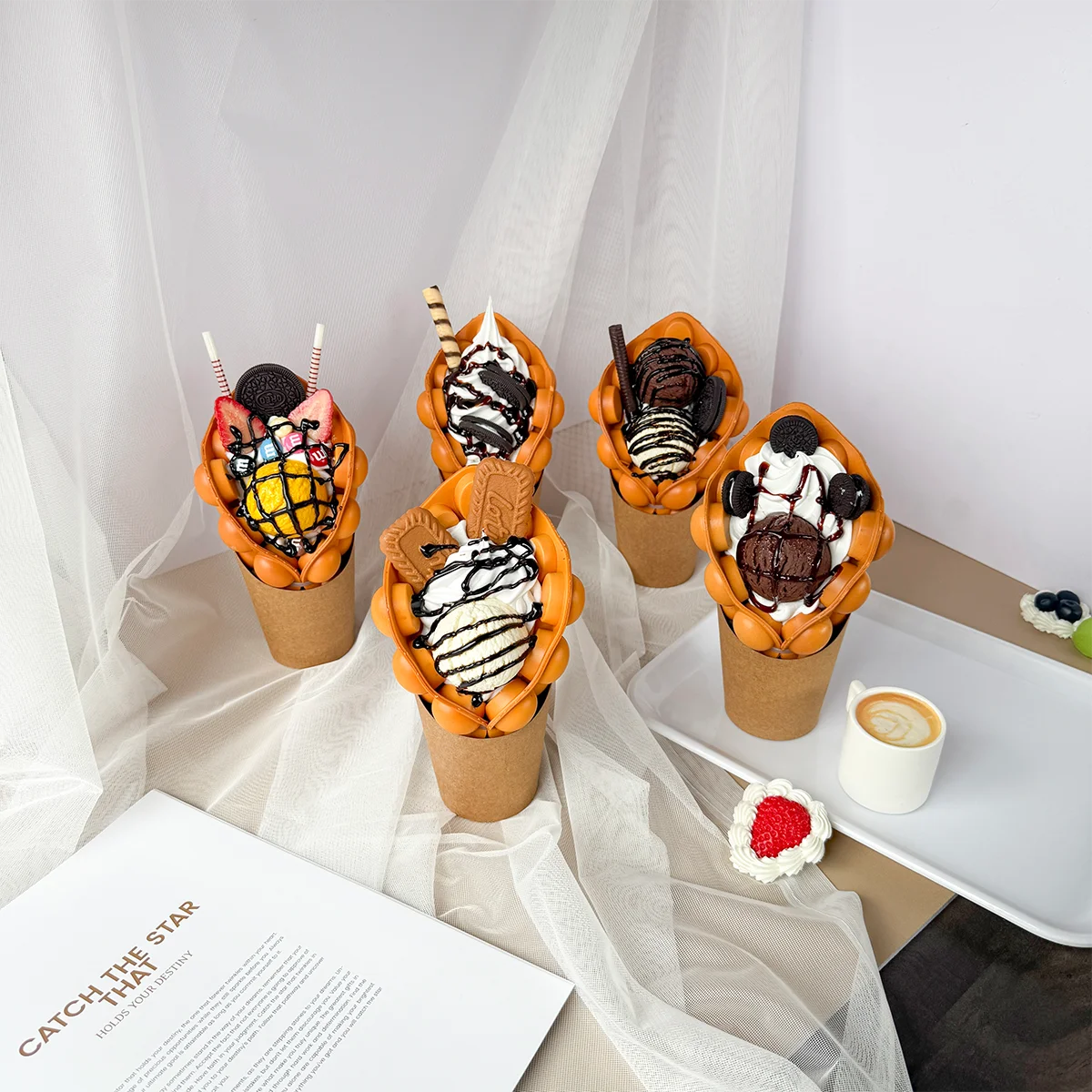 Fake Food Simulation Props Sample Display Egg Chocolate Bubble Waffle Porp Ice Cream Colorful Raspberry Lifelike Hongkong Lotus